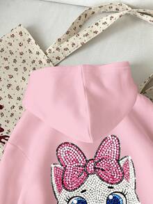Tween Girls Casual Cute Shiny Textured Cartoon Kitty Cat Pattern, Pink Bow, Thick Soft Comfortable Hooded Sweatshirt, Suitable For Autumn/Winter, Graphic, Cozy, Y2K, Cozy Fall & Winter Styles - Multicolor - View 4