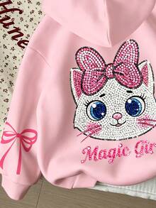 Tween Girls Casual Cute Shiny Textured Cartoon Kitty Cat Pattern, Pink Bow, Thick Soft Comfortable Hooded Sweatshirt, Suitable For Autumn/Winter, Graphic, Cozy, Y2K, Cozy Fall & Winter Styles - Multicolor - View 6