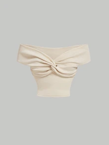 SHEIN MOD Women's Solid Color Off Shoulder Twist Front Top - Apricot - View 3