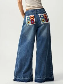 Bohemela Celana Panjang Wanita Kasual Polos Bahan Denim Tenun Longgar - Biru - View 6