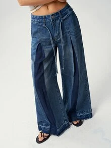 Bohemela Celana Panjang Wanita Kasual Polos Bahan Denim Tenun Longgar - Biru - View 9