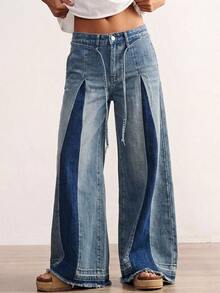Bohemela Celana Panjang Wanita Kasual Polos Bahan Denim Tenun Longgar - Biru - View 1
