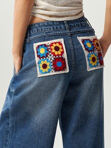 Bohemela Celana Panjang Wanita Kasual Polos Bahan Denim Tenun Longgar - Biru - View 2