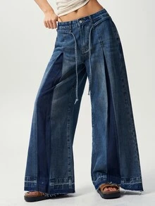 Bohemela Celana Panjang Wanita Kasual Polos Bahan Denim Tenun Longgar - Biru - View 7