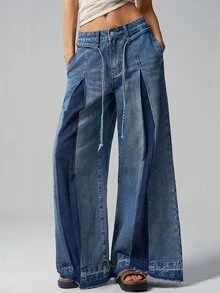 Bohemela Celana Panjang Wanita Kasual Polos Bahan Denim Tenun Longgar - Biru - View 3