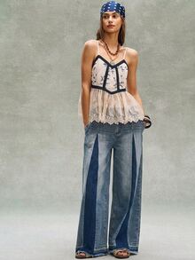 Bohemela Celana Panjang Wanita Kasual Polos Bahan Denim Tenun Longgar - Biru - View 4