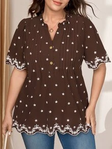 Comfylo 大尺碼花卉刺繡休閒波希米亞風夏季襯衫，適合商務晚餐、辦公室與度假 - 棕色 - 查看 6