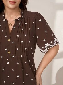 Comfylo 大尺碼花卉刺繡休閒波希米亞風夏季襯衫，適合商務晚餐、辦公室與度假 - 棕色 - 查看 5