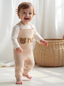SHEIN Vintaside Kids Baby Boys Bear Jacquard Knitted Sweater Jumpsuit, Fashion Cute Versatile Fall Winter - Beige - View 3