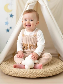 SHEIN Vintaside Kids Baby Boys Bear Jacquard Knitted Sweater Jumpsuit, Fashion Cute Versatile Fall Winter - Beige - View 4
