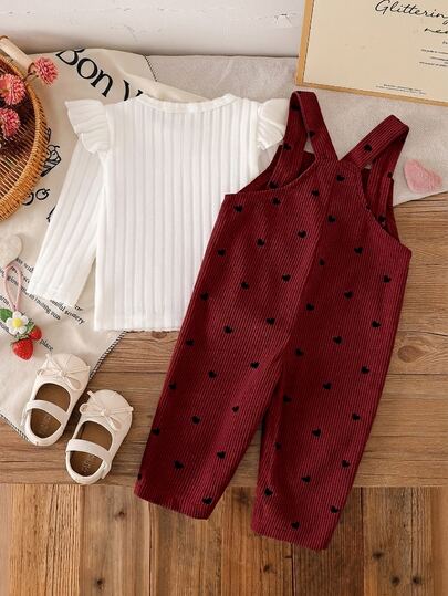 SHEIN Vintaside Kids Baby Mädchen Cord Latzhosen Set, Herbst/Winter verdickte warme Herz Stickerei Latzhosen + warme gebürstete Strick Unterwäsche, 2 Stücke Set, neue süße Baby Mädchen Kleidung