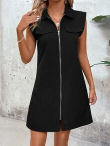 SHEIN LUNE Women's Solid Color Front Zipper Sleeveless Dress - Black - View 4