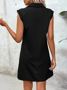 SHEIN LUNE Women's Solid Color Front Zipper Sleeveless Dress - Black - View 2