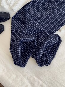 Comfortcana 休闲复古格子宽松女裤，春季新款。梭织女士长裤，适合春夏穿着，2026春夏新款格子裤，基础款格子裤 - 藍色 - 查看 4