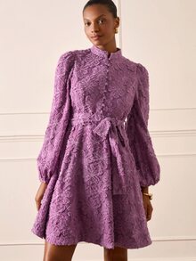 Lilora 女款高級優雅長袖提花短洋裝，高端時尚百搭優雅洋裝，適合通勤、日常休閒、外出、聚會、約會、派對、休閒、遠足、假期、秋冬、度假旅行 - 中紫紅色 - 查看 5