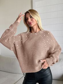 EURMUSE Pearl Ribbed Crew Neck Casual Multi-Wear Long Sleeve Sweater - Dusty Pink - View 5