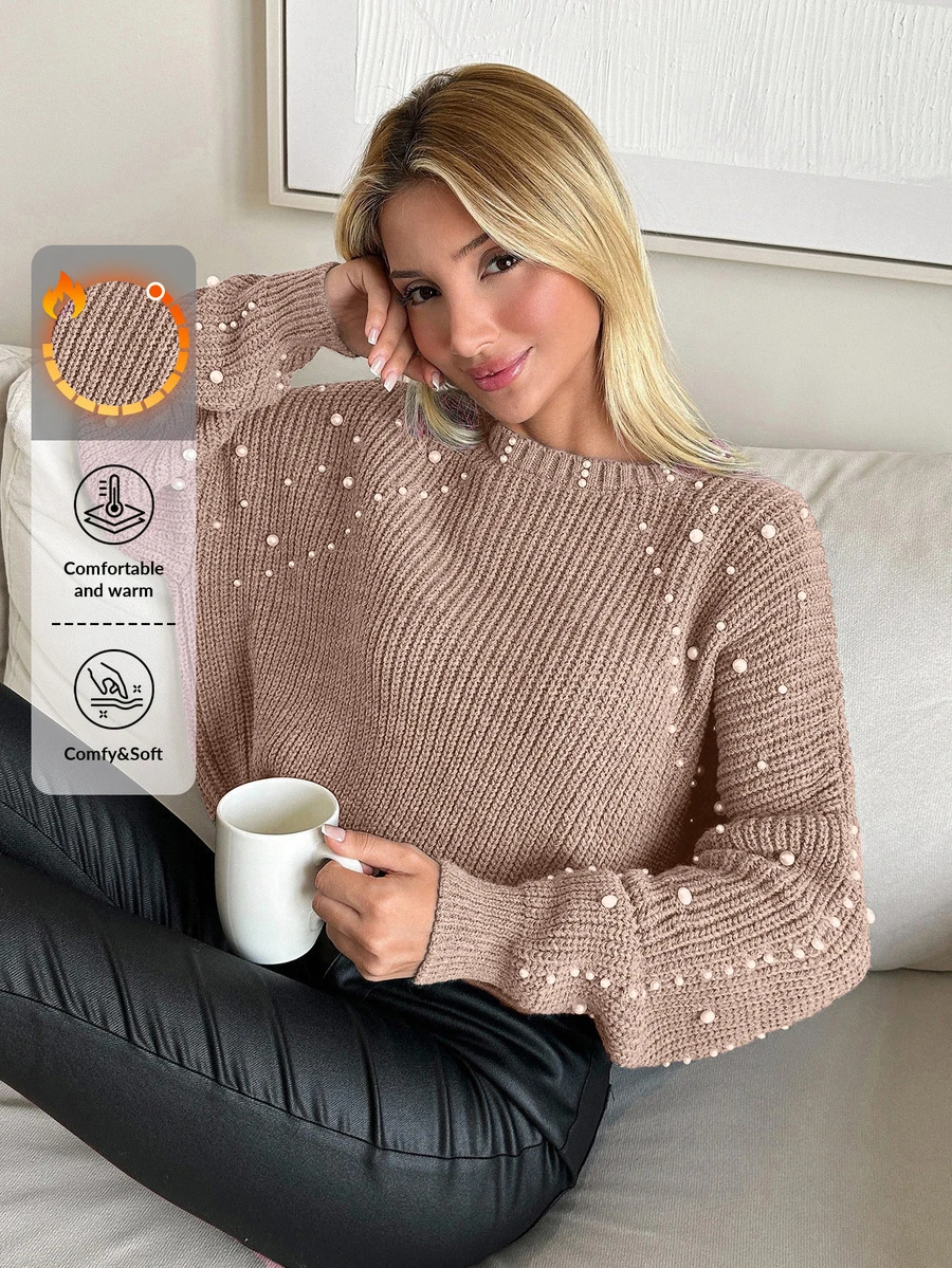 EURMUSE Pearl Ribbed Crew Neck Casual Multi-Wear Long Sleeve Sweater - Dusty Pink - View 1