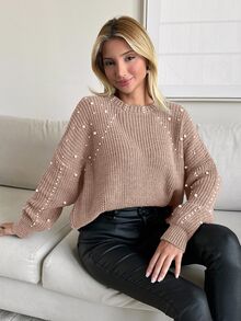 EURMUSE Pearl Ribbed Crew Neck Casual Multi-Wear Long Sleeve Sweater - Dusty Pink - View 3
