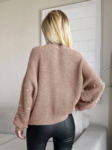 EURMUSE Pearl Ribbed Crew Neck Casual Multi-Wear Long Sleeve Sweater - Dusty Pink - View 2