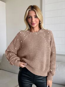 EURMUSE Pearl Ribbed Crew Neck Casual Multi-Wear Long Sleeve Sweater - Dusty Pink - View 4