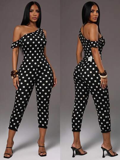 Radiana Women's Autumn Fashion Casual Street Style Multi-Wear Asymmetrical Off-Shoulder Neckline Black & White Polka Dot Print Pattern Fitted Jumpsuit, Capris, Suitable For Shopping, Going Out, Music Festival, Rave Party, Vintage, Vacation