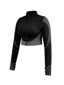 SHEIN Cheerettes Women's Plus Size 3PS Patchwork Striped Zipper Seamless Sport Set Black White High Stretch Breathable Cross Back Bra Squat Proof Tummy Control Legging - Multicolor - View 17