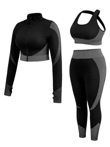 SHEIN Cheerettes Women's Plus Size 3PS Patchwork Striped Zipper Seamless Sport Set Black White High Stretch Breathable Cross Back Bra Squat Proof Tummy Control Legging - Multicolor - View 16