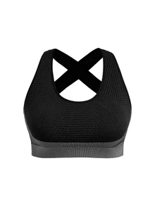 SHEIN Cheerettes Women's Plus Size 3PS Patchwork Striped Zipper Seamless Sport Set Black White High Stretch Breathable Cross Back Bra Squat Proof Tummy Control Legging - Multicolor - View 11