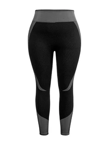 SHEIN Cheerettes Women's Plus Size 3PS Patchwork Striped Zipper Seamless Sport Set Black White High Stretch Breathable Cross Back Bra Squat Proof Tummy Control Legging - Multicolor - View 9