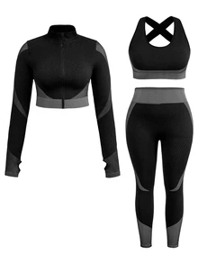 SHEIN Cheerettes Women's Plus Size 3PS Patchwork Striped Zipper Seamless Sport Set Black White High Stretch Breathable Cross Back Bra Squat Proof Tummy Control Legging - Multicolor - View 3