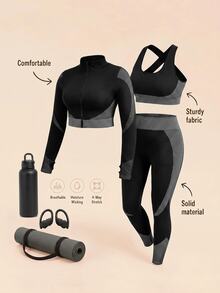 SHEIN Cheerettes Women's Plus Size 3PS Patchwork Striped Zipper Seamless Sport Set Black White High Stretch Breathable Cross Back Bra Squat Proof Tummy Control Legging - Multicolor - View 1