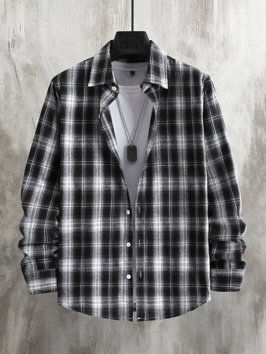 Manfinity CasualCool 男士休閒百搭格紋單排扣長袖商務襯衫 - 彩色 - 查看 1