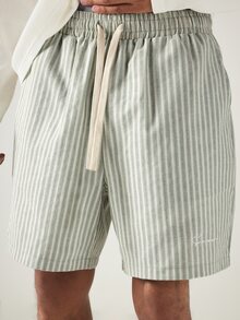 SUMWON Shorts Casuais Masculinos Listrados com Cordão e Cintura Elástica, Bordado Assinado, Verão, Praia e Férias - Verde - Visão 1