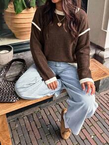 SHEIN LUNE Sudadera casual de manga larga con bloques de color para mujer en otoño/invierno - Café integral - Ver 7