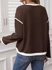 SHEIN LUNE Sudadera casual de manga larga con bloques de color para mujer en otoño/invierno - Café integral - Ver 2