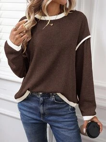 SHEIN LUNE Sudadera casual de manga larga con bloques de color para mujer en otoño/invierno - Café integral - Ver 6