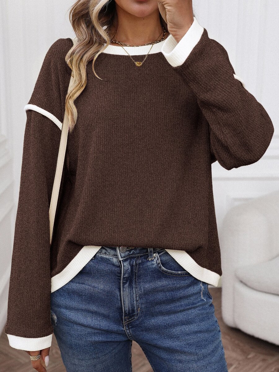 SHEIN LUNE Sudadera casual de manga larga con bloques de color para mujer en otoño/invierno - Café integral - Ver 1