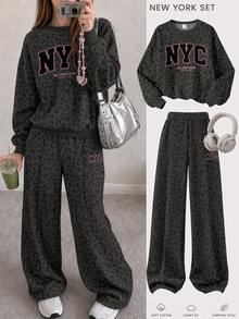 SHEIN Girlism Teen Girl Leopard Letter Graphic Drop Shoulder Autumn Winter Sweatshirt & Seam Front Sweatpants Set - Multicolor - View 1