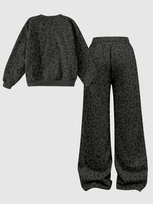 SHEIN Girlism Teen Girl Leopard Letter Graphic Drop Shoulder Autumn Winter Sweatshirt & Seam Front Sweatpants Set - Multicolor - View 2