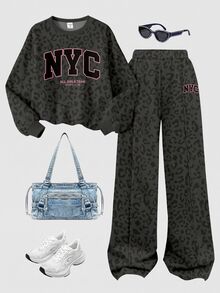 SHEIN Girlism Teen Girl Leopard Letter Graphic Drop Shoulder Autumn Winter Sweatshirt & Seam Front Sweatpants Set - Multicolor - View 3
