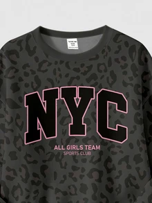 SHEIN Girlism Teen Girl Leopard Letter Graphic Drop Shoulder Autumn Winter Sweatshirt & Seam Front Sweatpants Set - Multicolor - View 6