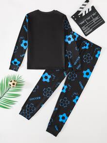 SHEIN Tween Boy Neon Football Pattern Crew Neck Long Sleeve Pants Casual Comfortable Fitted Home Pajama Set 2pcs - Black - View 2