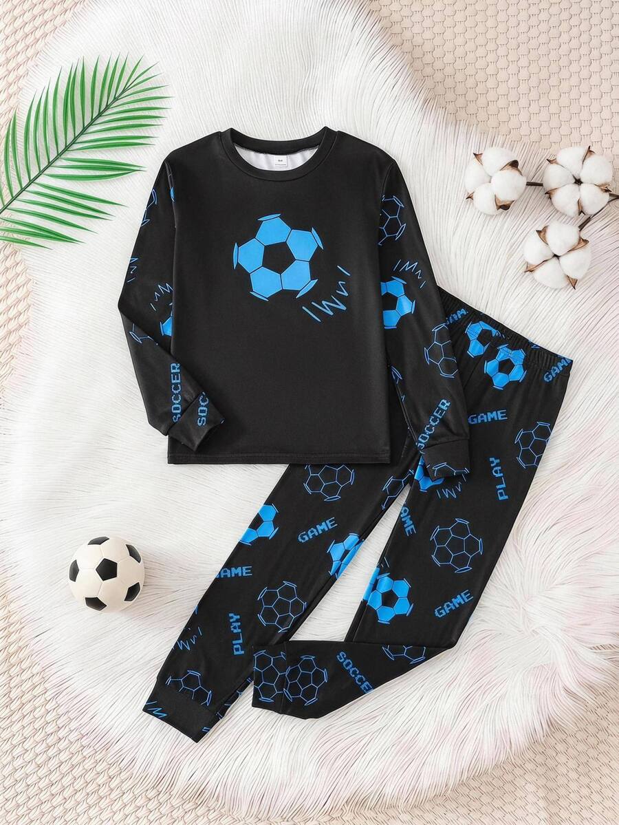 SHEIN Tween Boy Neon Football Pattern Crew Neck Long Sleeve Pants Casual Comfortable Fitted Home Pajama Set 2pcs - Black - View 1