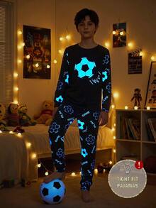 SHEIN Tween Boy Neon Football Pattern Crew Neck Long Sleeve Pants Casual Comfortable Fitted Home Pajama Set 2pcs - Black - View 4