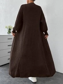 SHEIN Tall Drop Shoulder Open Front Longline Cardigan, Tall Women - Brown - View 3
