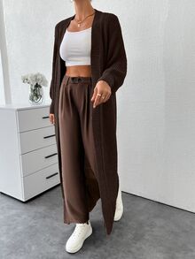 SHEIN Tall Drop Shoulder Open Front Longline Cardigan, Tall Women - Brown - View 6
