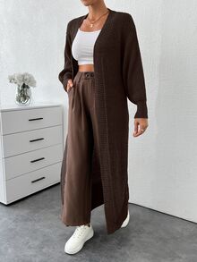 SHEIN Tall Drop Shoulder Open Front Longline Cardigan, Tall Women - Brown - View 4