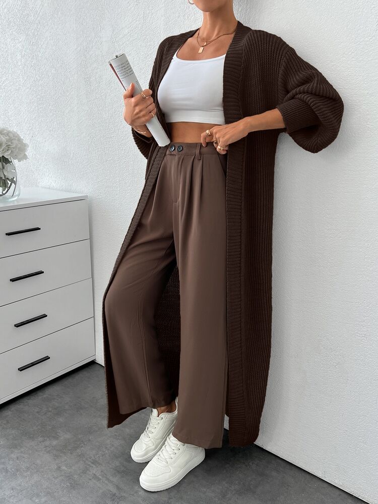 SHEIN Tall 落肩開襟長版開襟衫，適合高個女性 - 棕色 - 查看 7