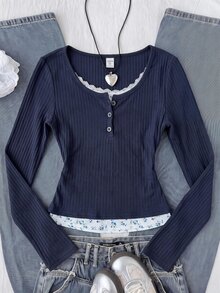 SHEIN 青少年女孩秋季深藍色針織T恤 花卉拼接 2合1蕾絲飾邊 休閒百搭 - 藍色 - 查看 1