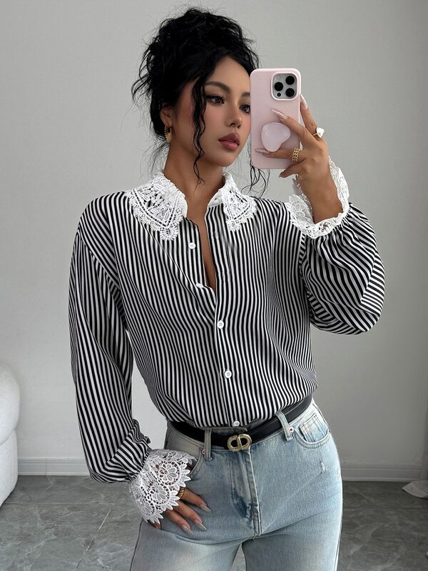 Elenzga Blusa de manga comprida preta e branca para mulher, camisa elegante de trabalho, blusa às riscas para deslocações, conjunto casual para deslocações, top de renda, blusa de renda